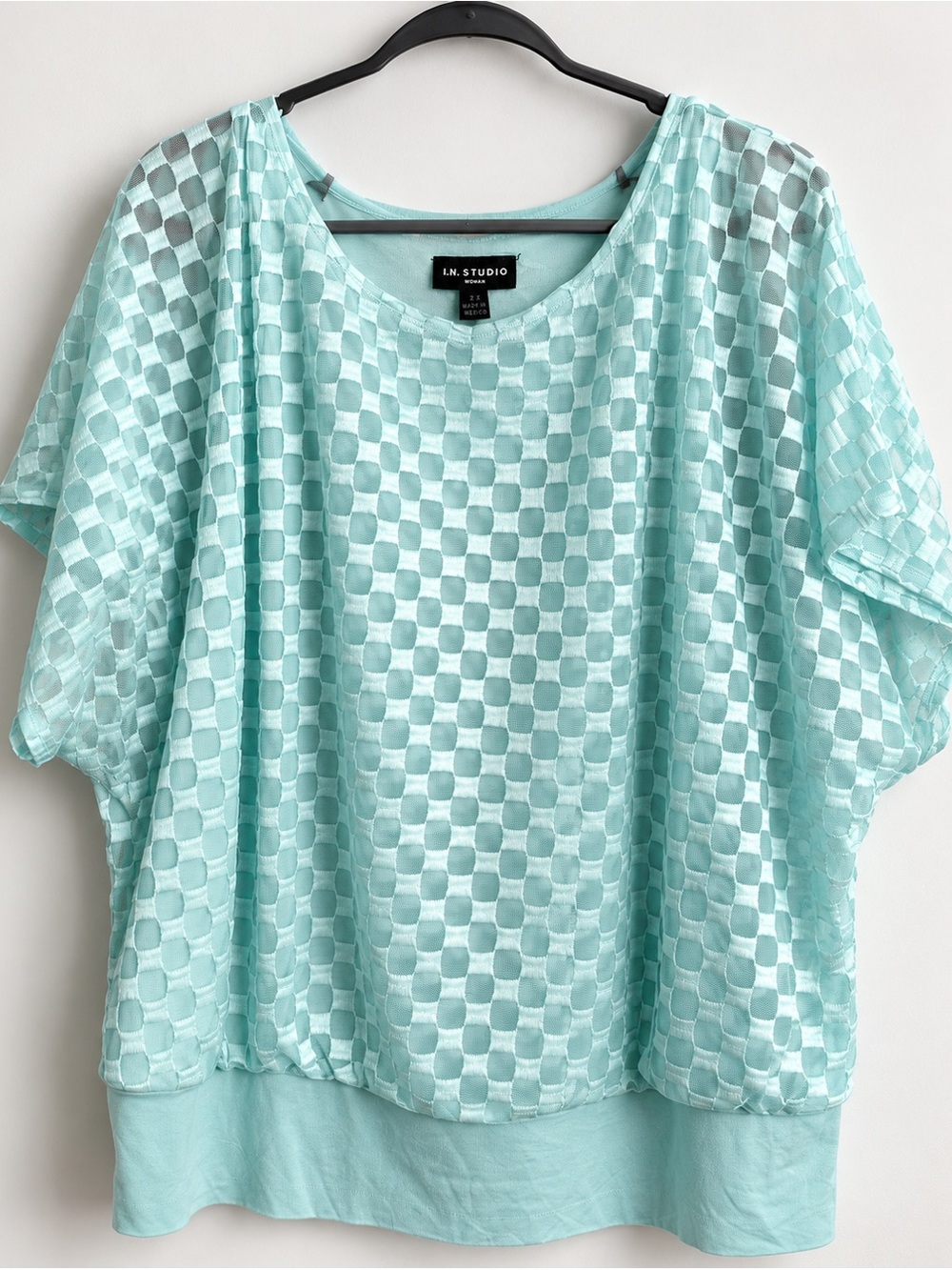 I.N. Studio Woman 2X Aqua Sheer Checkered Dolman Blouse Plus Size